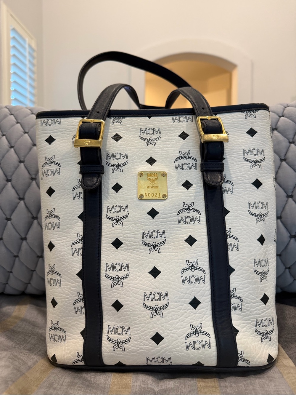 MCM White and Black Logo Shopper with Gold Accents